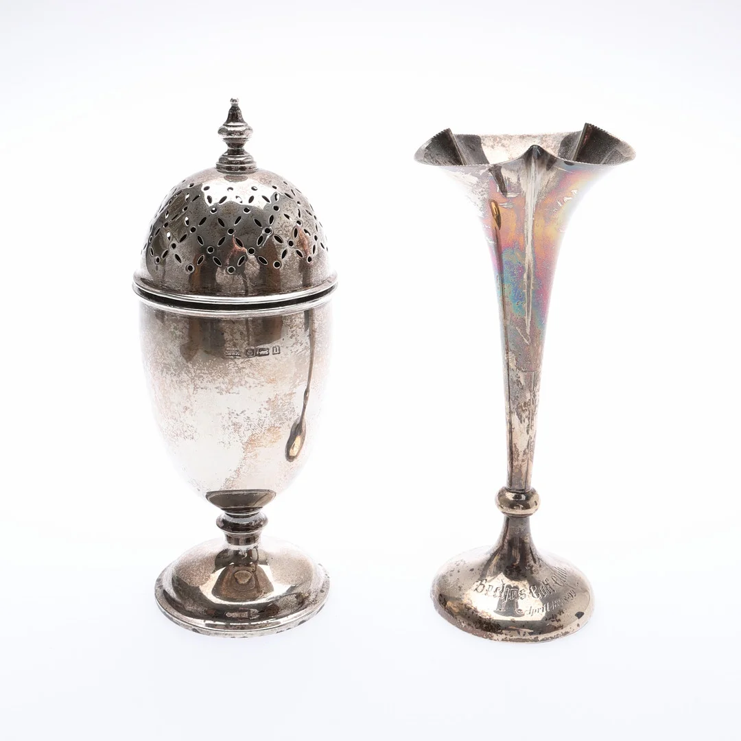 GEORGE V SILVER SUGAR CASTER, AND A BUD VASE. (2). — Silver — Young's Auctions