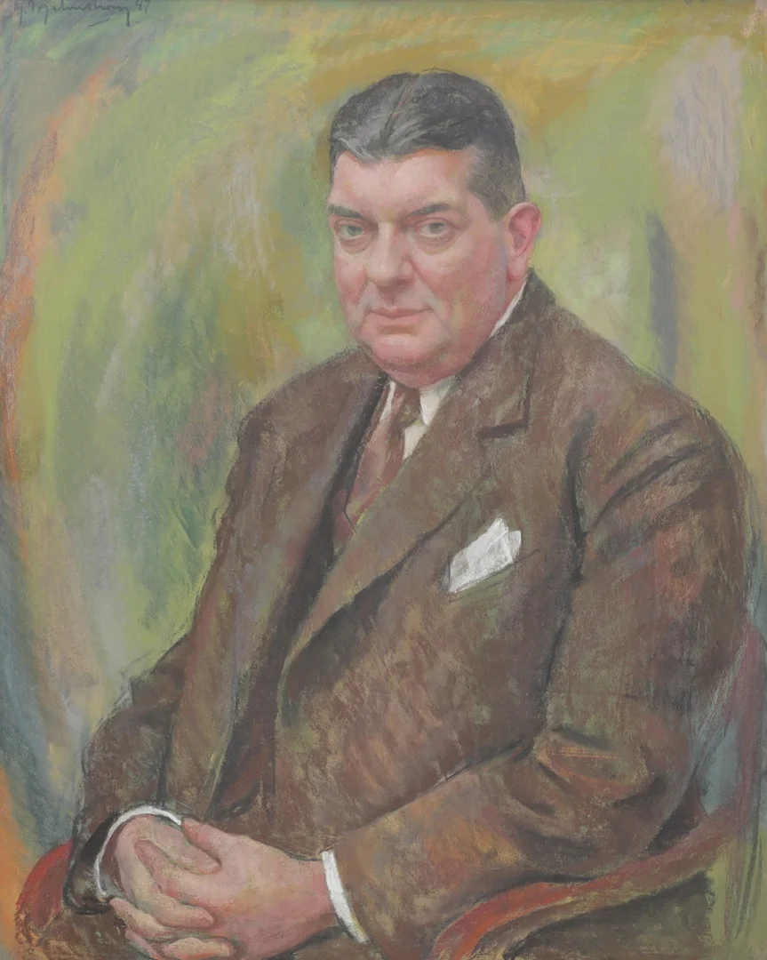 HENNING MALMSTRÖM. "Jarl Malmros, Trelleborg", olja på pannå, signerad och daterad 47. — Paintings — Växjö Auktionskammare