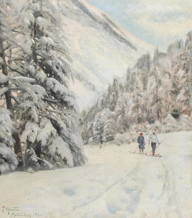 Winter landscape with two cross-country skiers at Morteratsch. Signed and dated P Mønsted, Morteratsch 1920. Oil on canvas. 45×40.5 cm.