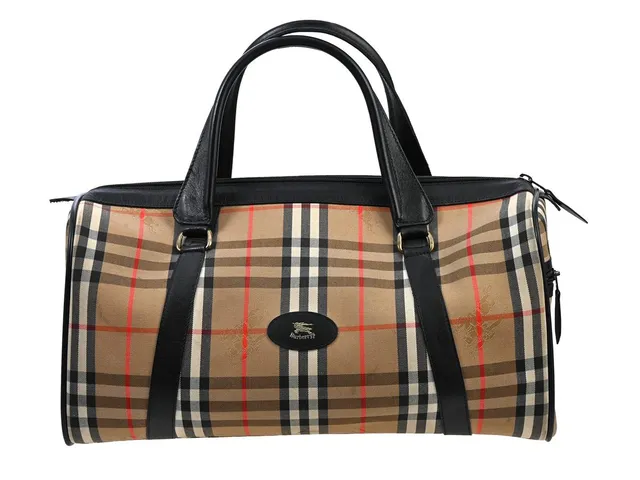 VÄSKA, BURBERRY, vintage, rutigt tyg, svart skinn, guldfärgade beslag, 40x24x17 cm, bruksslitage.