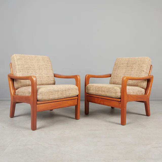 JUUL KRISTENSEN. Glostrup, Paar Sessel / Lounge Chairs, Teak, Wolle, Dänemark, 1960er Jahre. (2).