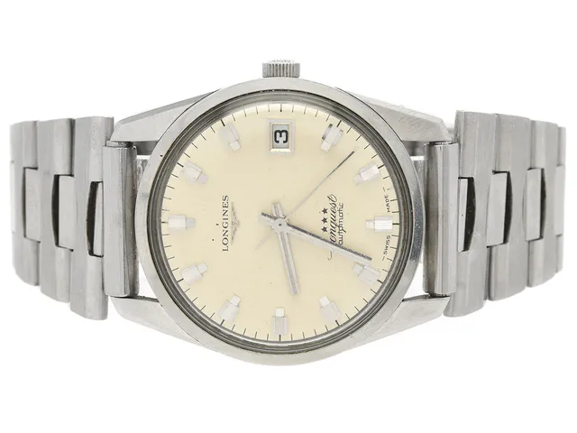 LONGINES, Conquest, Cal 505, Serie nr. 50193175, Boett nr. 15/485502 / 8066-2, herrur, 34 mm, stål, automatisk, plexiglas, datum, skadad urtavla, defekt, innerglasring saknas, ca 1970, metallänk ej original.