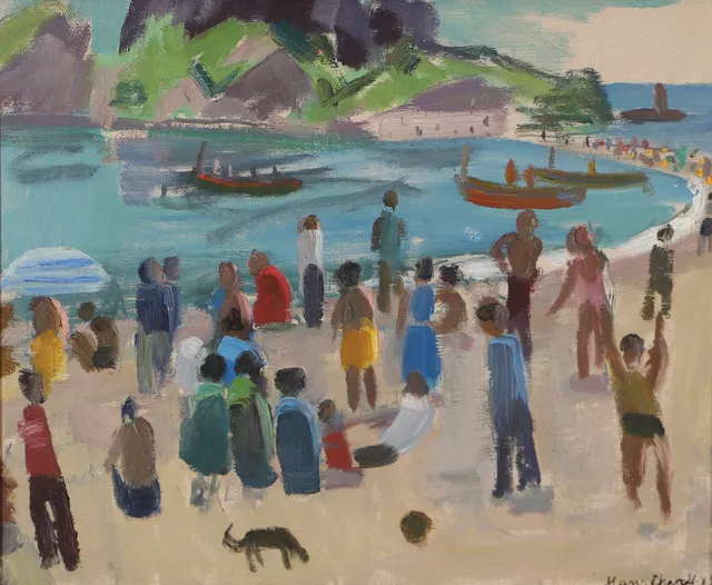 HANS EKVALL. Sydländsk strand om sommaren, olja på duk uppfodrad på pannå, signerad -49.