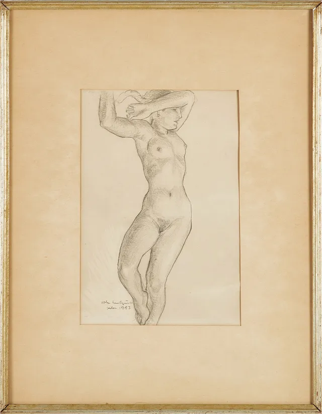 JOHN LUNDQVIST. Modellstudie, blyerts på papper, signerad och daterad 1953.