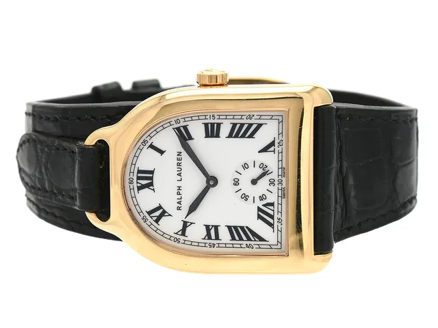 RALPH LAUREN, Stirrup, Cal RL 701, Serie nr. WAAC00406, Ref nr. RLR0021700, Boett nr. K00210, herrur, 32 x 34,5 (43), 18K guld, manuell, safirglas, liten sekundvisare, integrerat läderband, viklås i 18K guld, Ref nr. BRO, cert (ej komplett), ca 2013, box, ytterkartong.