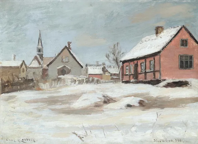 A snowy day in Hornbæk. Signed and dated Carl Locher Hornbæk 1901. Oil on canvas. 42×57 cm.
