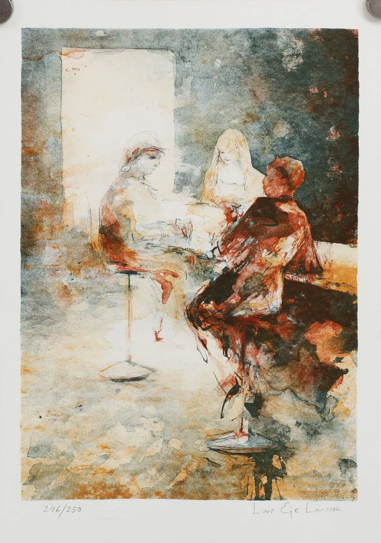 LARS EJE LARSSON. Figurscen, färglitografi, signerad och numrerad 246/250. — Engravings & Prints — Göteborgs Auktionsverk
