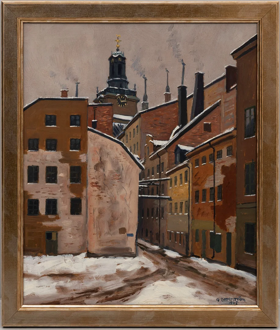 GUNNAR ZETTERSTRÖM. Olja på pannå, Gamla Stan och Storkyrkan, signerad och daterad, 1945. — Paintings — Auktionshuset Kolonn