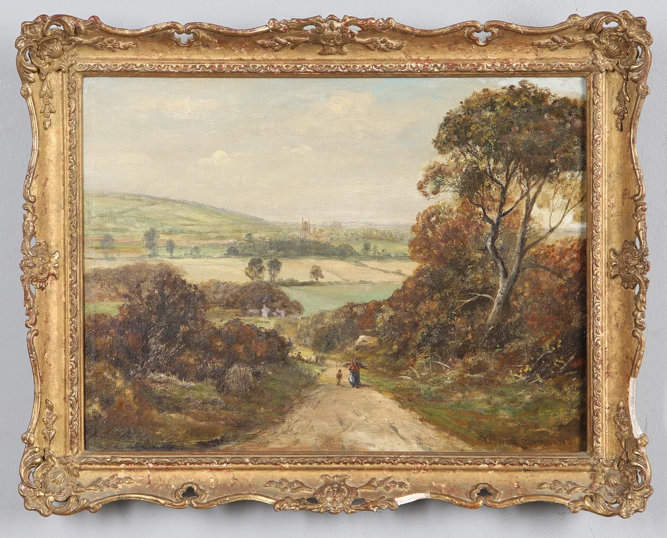 19TH CENTURY ENGLISH SCHOOL, FAGGOT GATHERERS ON A SUNLIT LANE WITH A CHURCH BEYOND. — Paintings — Lawrences Auctioneers