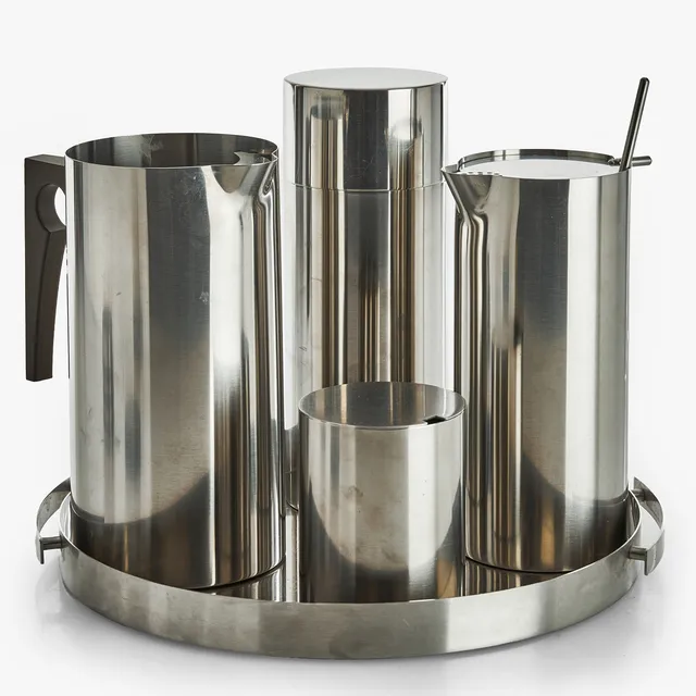 ARNE JACOBSEN. Cocktailset, 5 delar, "Cylinda Line", Stelton, Danmark, rostfritt stål.