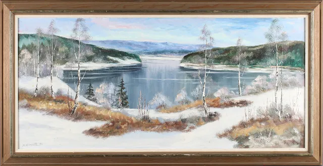 FINGAL WINROTH. Vinterlandskap i viken, olja på pannå, signerad och daterad -74.