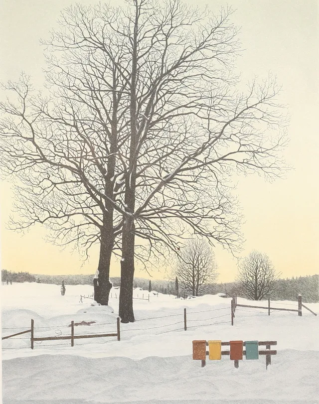 REINHOLD LJUNGGREN. Vintermotiv med träd och postlådor. Färglitografi, signerad och numrerad 306/360.