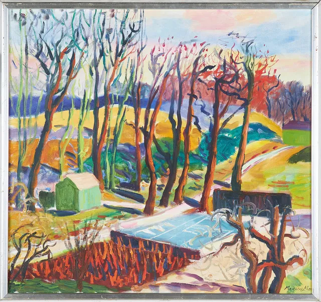 MAURICE MOBERG (1923-2014). Landskap med hus, olja på duk, signerad.