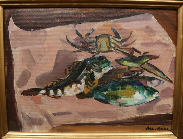 ALBERT ABBE. olja på pannå, stilleben med fiskar och skaldjur, signerad.