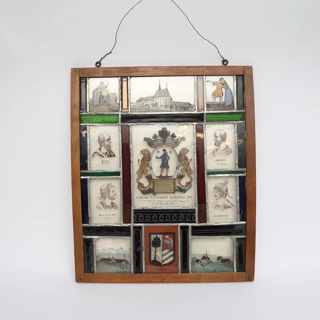FÖNSTER, blyinfattat med handmålad dekor av figurer, daterad 1736.