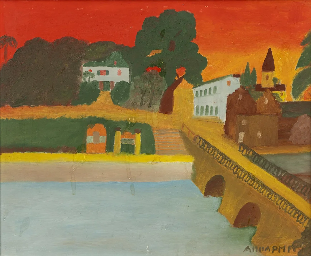 Primus Mortimer Pettersson, Bro under röd himmel. — Konst/Modern svensk konst — Bukowskis