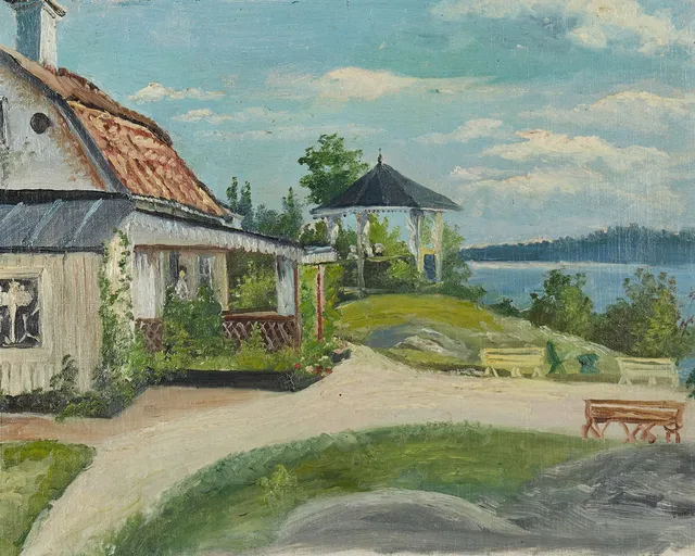LOTTEN VON GEGERFELT (tillskriven,1834 - 1915), Sommarhus med veranda, påskrift atergo, olja på duk på pannå.