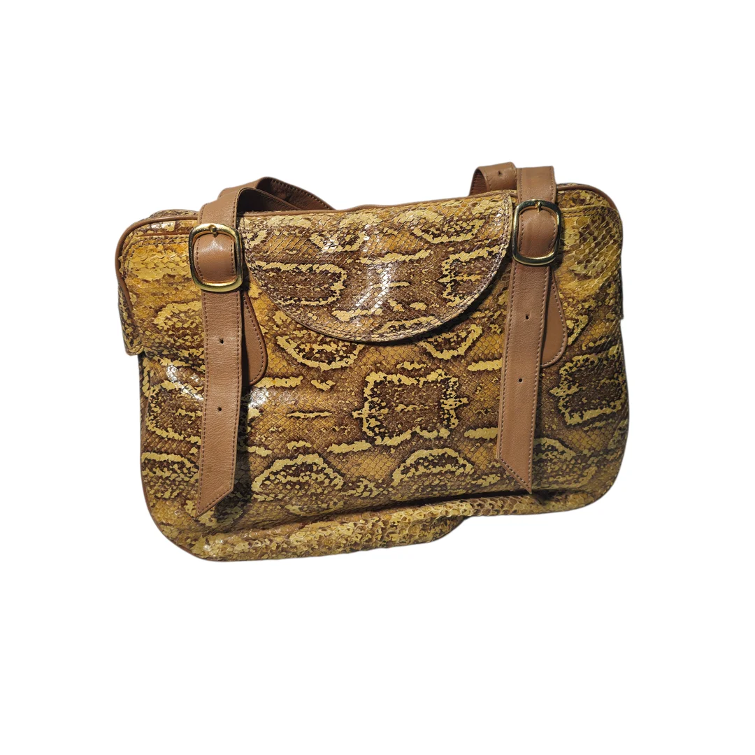 LINEA PASQUALINI, MILANO. BOLSO DE PIEL DE SERPIENTE MARRÓN Y BEIGE. CON DOBLE ASA REGULABLE. — Vintage & Designer Fashion — Arce Auctions