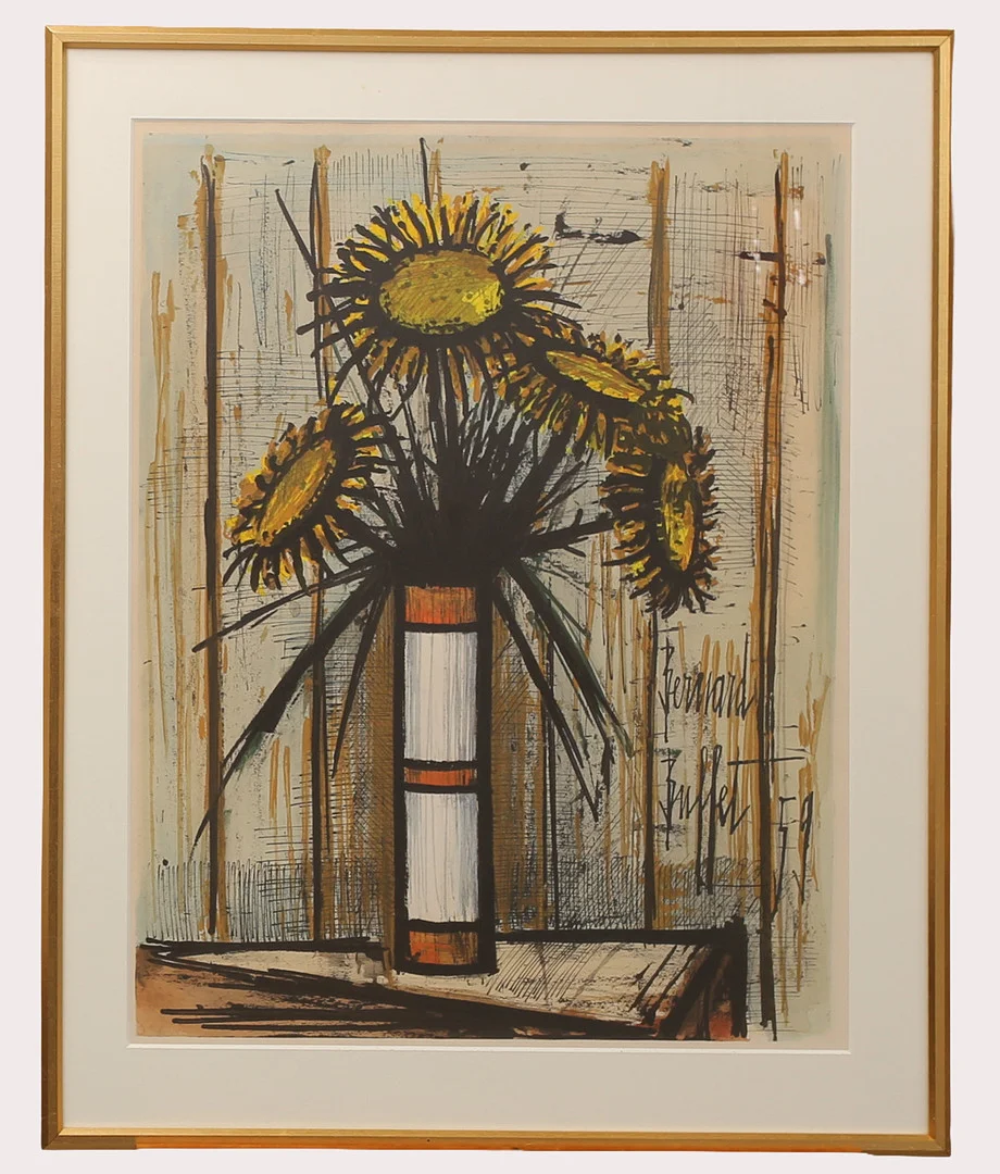 BERNARD BUFFET. Litografiskt tryck, "Solrosor", trycksignerad, daterad 1959. — Engravings & Prints — Limhamns Auktionsbyrå