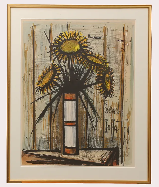 BERNARD BUFFET. Litografiskt tryck, "Solrosor", trycksignerad, daterad 1959.