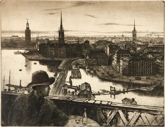 HARALD SALLBERG (1895-1963). "Utsikt från Katarinahissen", signerad, etsning, Stockholm 1932.