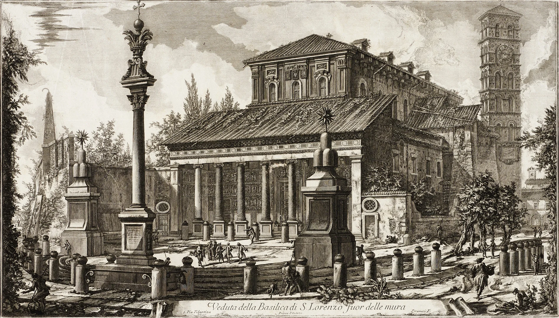 GIOVANNI BATTISTA PIRANESI. "Veduta della Basilica di S. Lorenzo fuor delle mura", ur "Vedute di Roma", etsning (I état av V) 1750. — Engravings & Prints — Crafoord Auktioner Stockholm