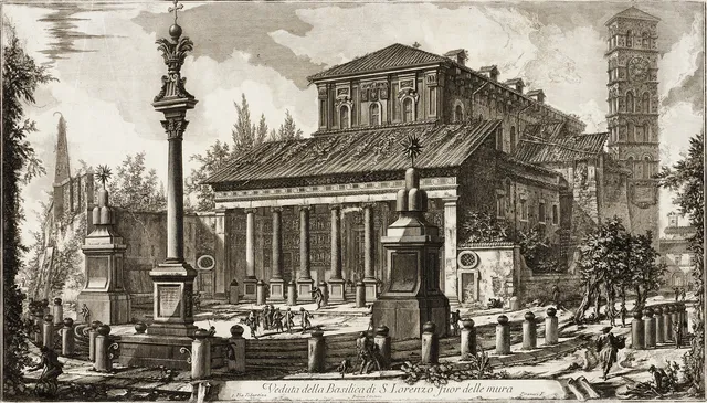 GIOVANNI BATTISTA PIRANESI. "Veduta della Basilica di S. Lorenzo fuor delle mura", ur "Vedute di Roma", etsning (I état av V) 1750.