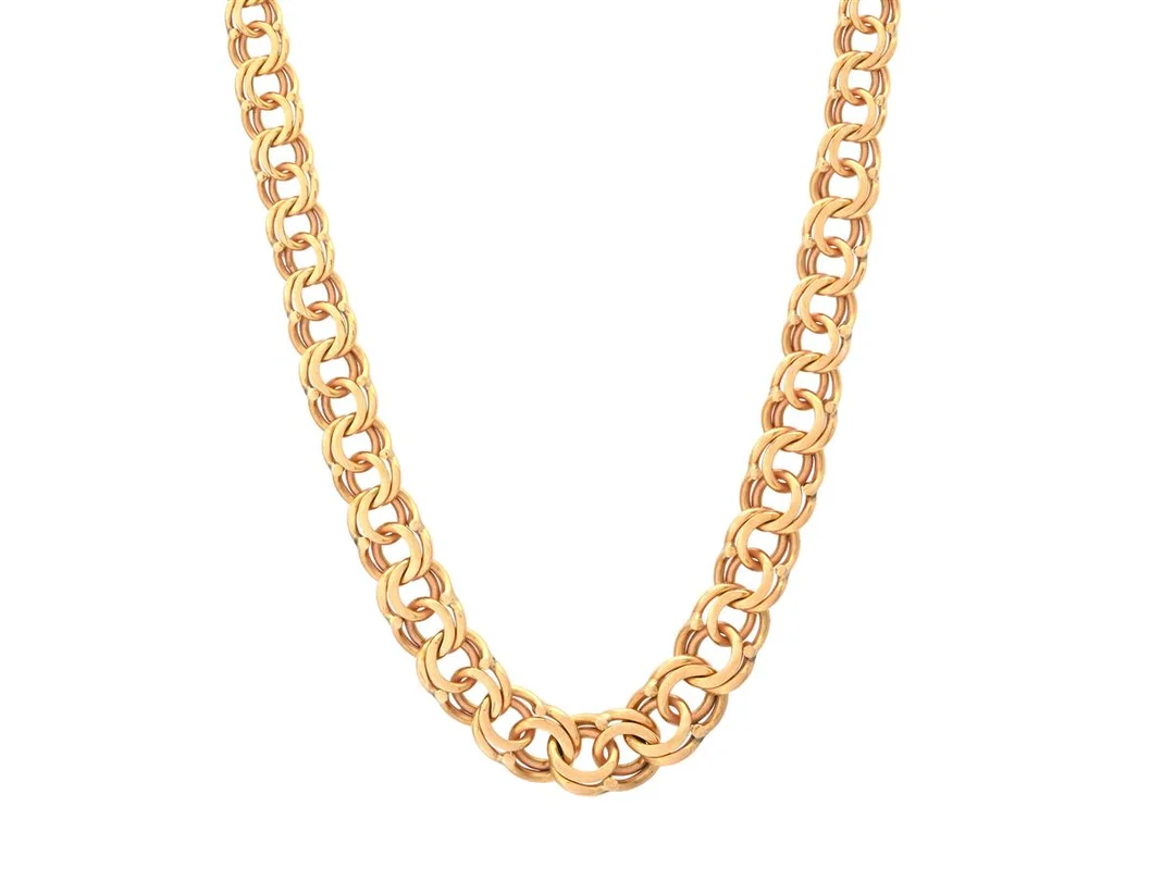 COLLIER, 18K guld, bismarcklänk, doserad 4,5-7,5 mm, Clareus Guldsmeds Ab, längd 42 cm, vikt 21,5 g. — Smycken/Collier — Kaplans