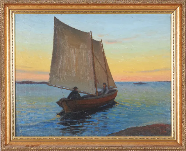 HERMAN LINDQVIST (1868-1923). segelbåt i aftonljus, olja på duk, monogromsignerad.