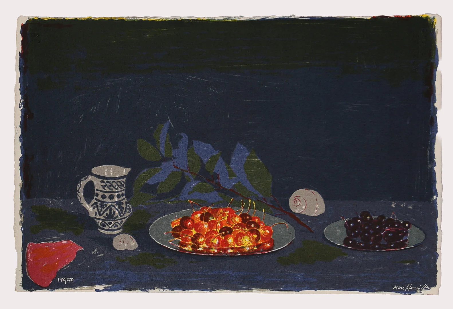 MAC HAMILTON. Färglitografi, stilleben med körsbärsfat, numrerad 198/220, signerad. — Engravings & Prints — Limhamns Auktionsbyrå