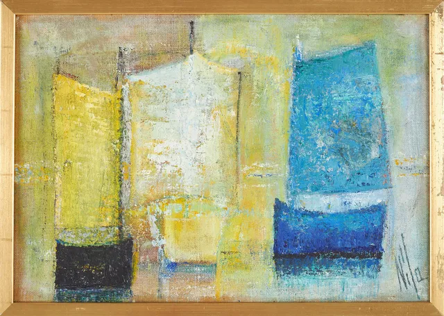 LAURI NILA (1898-1983). olja på pannå, "Tre segelbåtar", signerad.