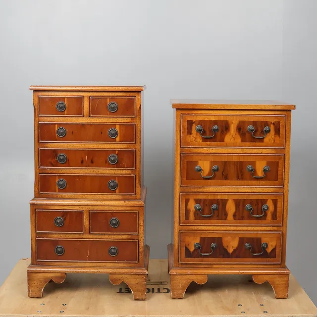 GEORGE III STYLE YEW WOOD MINIATURE CHEST ON CHEST, AND A CHEST OF DRAWERS. (2).