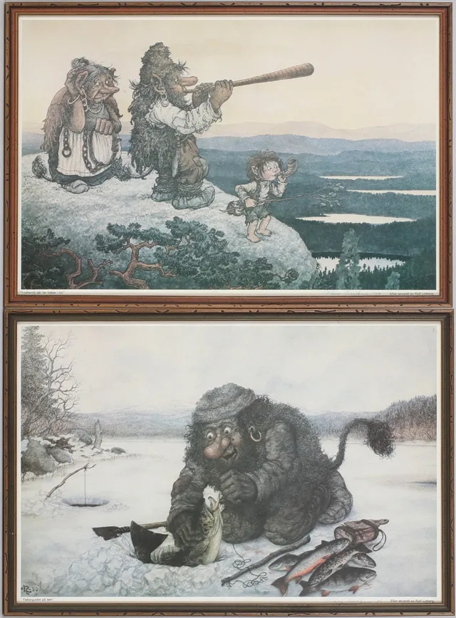 ROLF LIDBERG. Trollmotiv, 2 st, tryck, signerade, 1900-talets andra hälft.