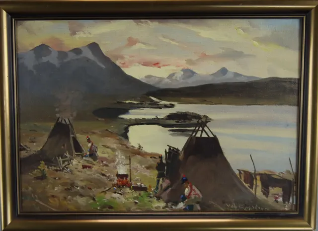 VILHELM ENGSTRÖM. Olja på duk, samiskt läger vid Lapporten, signerad.
