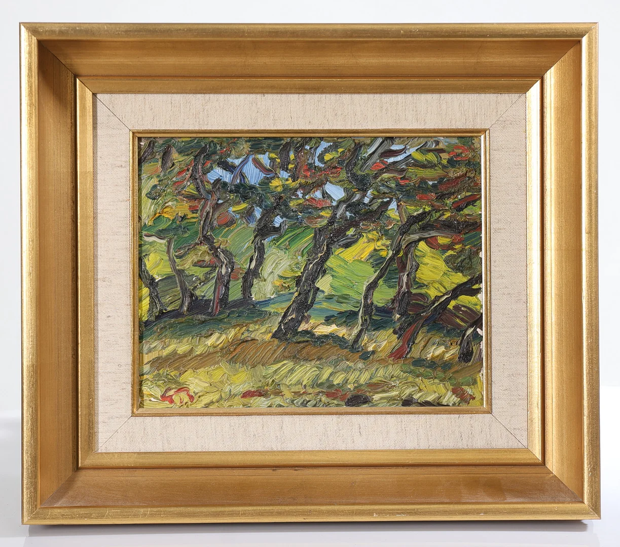 GÖRAN BRUNIUS. "Solrisskogen", olja på pannå, signerad G.B. — Paintings — Gomér & Andersson Nyköping