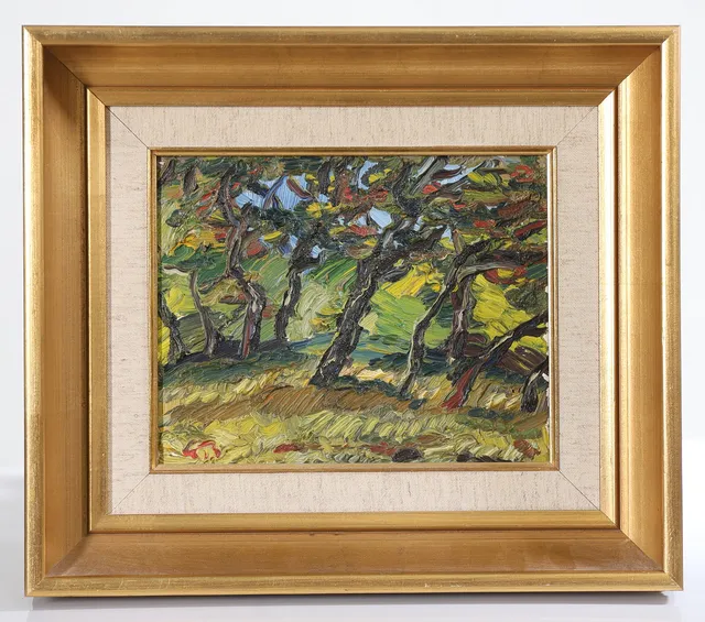 GÖRAN BRUNIUS. "Solrisskogen", olja på pannå, signerad G.B.