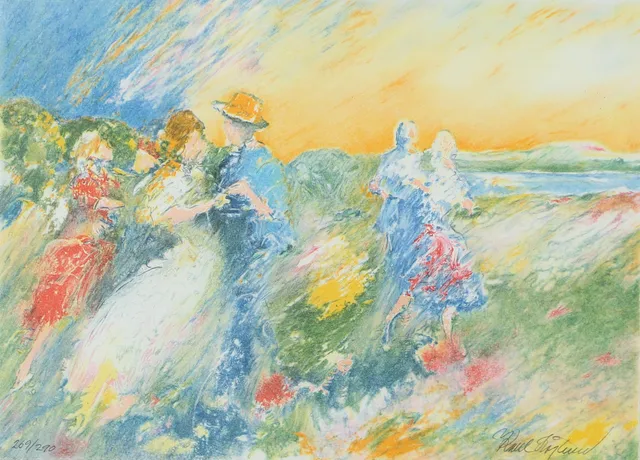 KARL HÖGLUND. Dans på sommaräng, färglitografi, signerad.