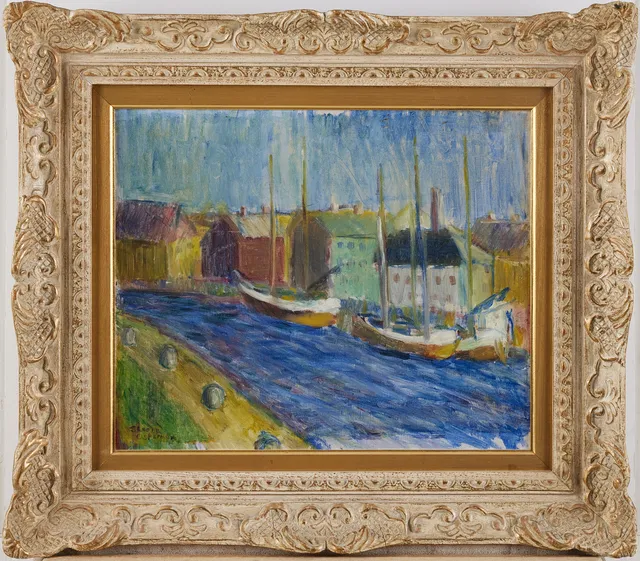 ELVINE OSTERMAN, Landskap med hus och båtar, olja på pannå, signerad.