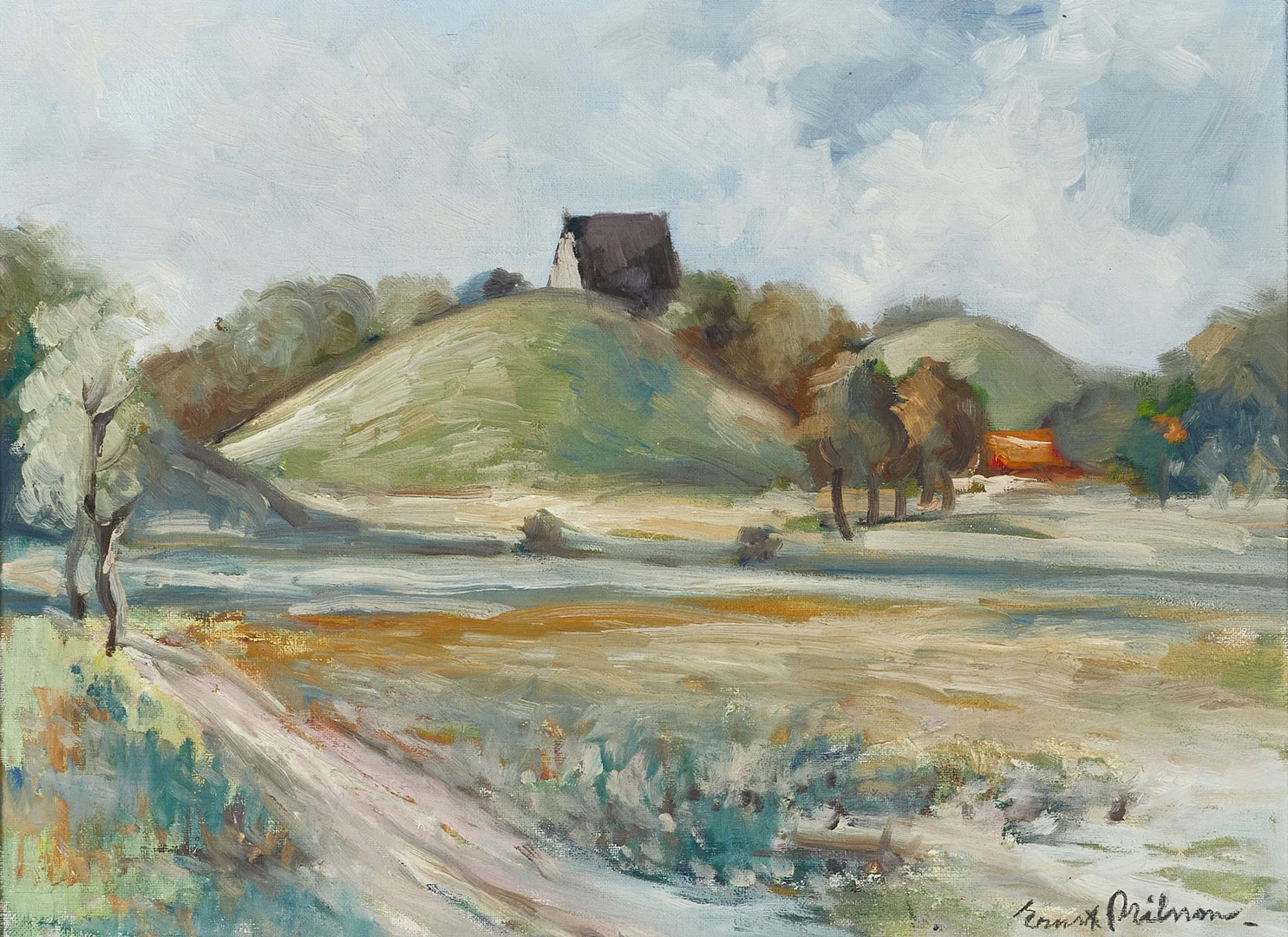 ERNST NILSSON (1892–1937), "Gamla Upsala", signerad, olja på duk ställd på pannå. — Engravings & Prints — Crafoord Auktioner Stockholm