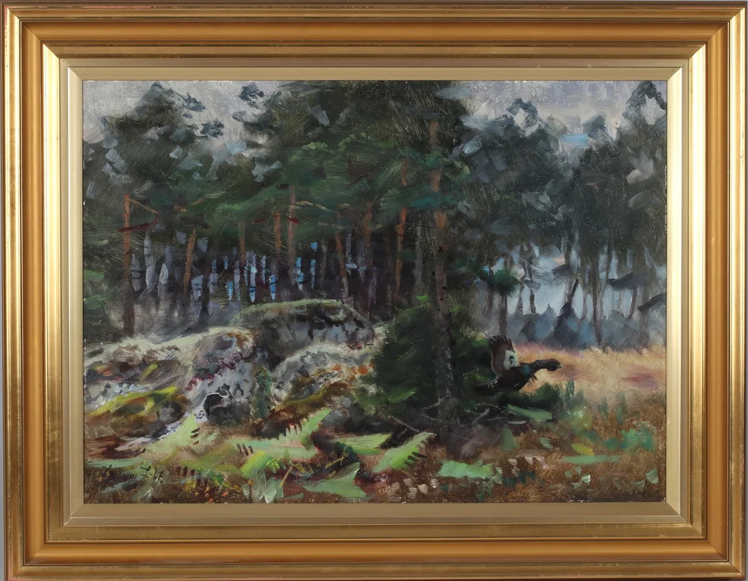 LINDORM LILJEFORS. "Tjäder & setter", olja på pannå, signerad och daterad -67. — Paintings — Stadsauktion Sundsvall