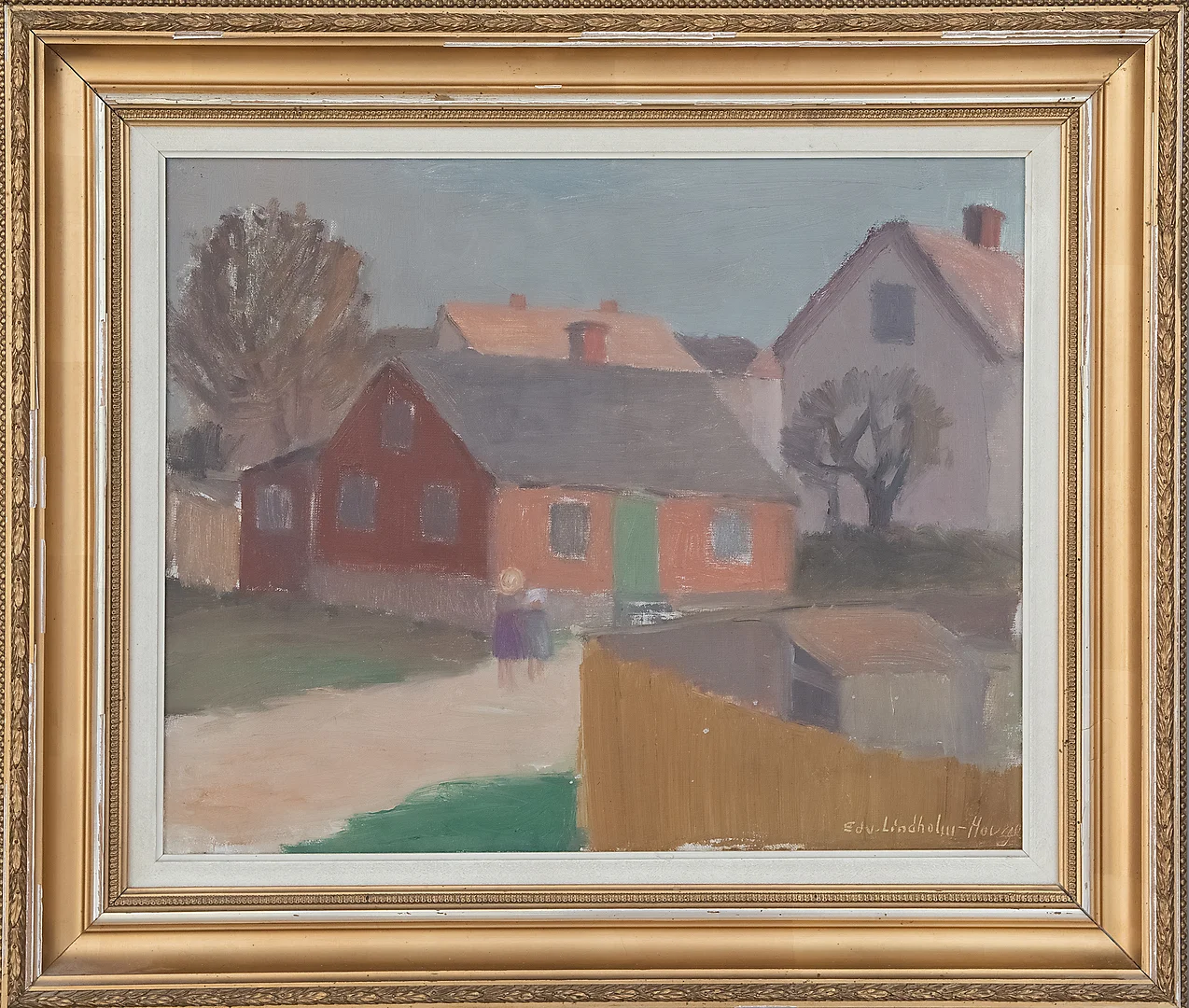 EDVIN LINDHOLM HOUGE. Stadsmiljö möjligen Kalmar, olja på duk, signerad. — Paintings — Kalmar Auktionsverk