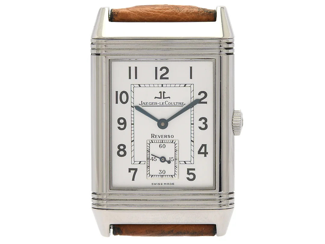 JAEGER-LE COULTRE, Reverso, Grande Taille, Cal 822, Serie nr. 2154815, Ref nr. Q2708410, Boett nr. 270.8.62, herrur, 26 x 36,5 (42,3) mm, stål, manuell, safirglas, liten sekundvisare, läderband, viklås, cert, september 2005, box, ytterkartong. — Klockor/Jaeger-Le Coultre — Kaplans