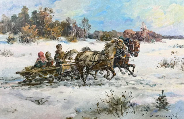 EDWARD PIERZYNSKI. OLJA PÅ DUK, "Slädekipage", signerad.