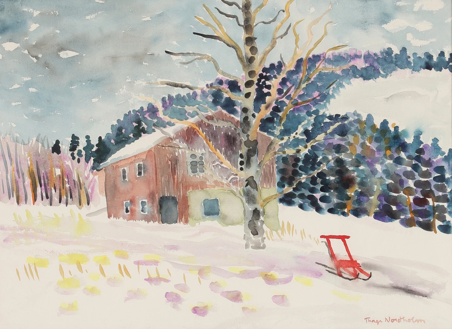 THAGE NORDHOLM. Vinterlandskap med lada, akvarell på papper, signerad. — Paintings — Stadsauktion Sundsvall