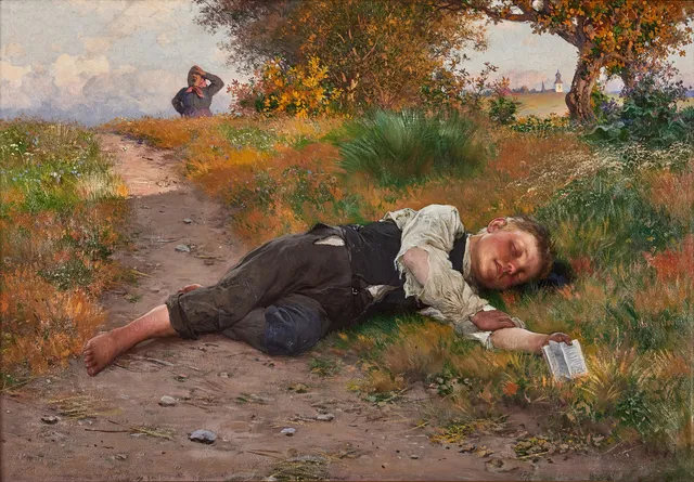 AUGUST MALMSTRÖM. Sommarlandskap med sovande gosse, olja på duk, 44x63 cm.