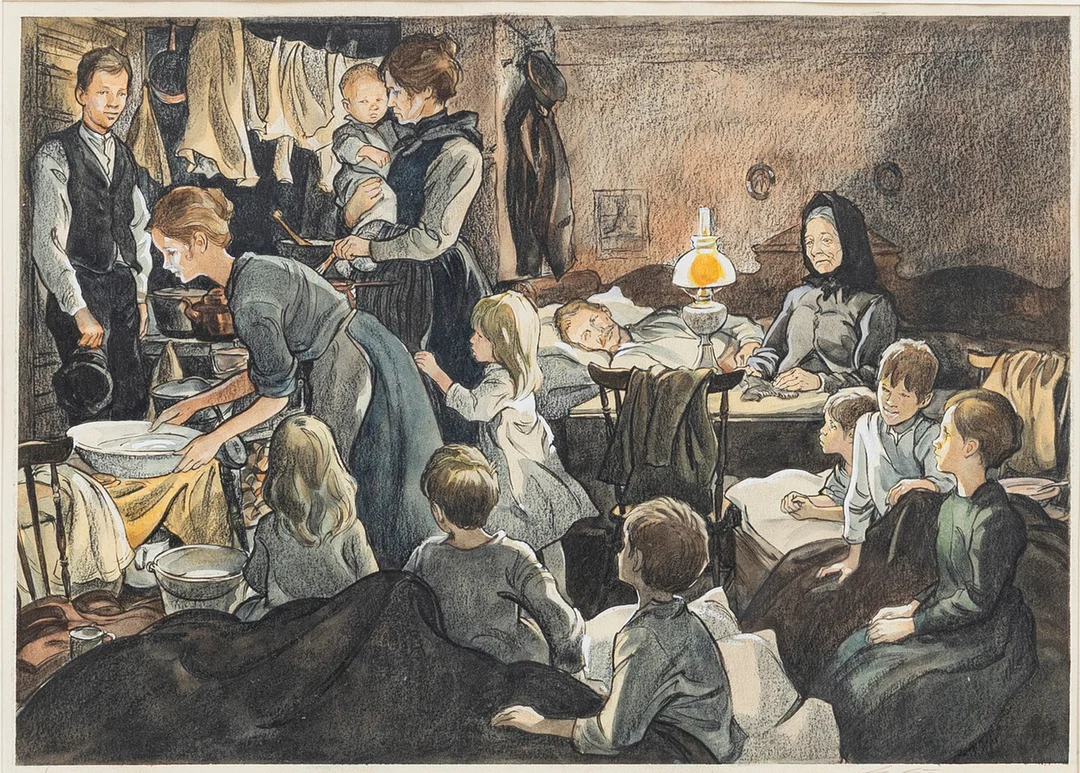 GÖTE GÖRANSSON. Familjescen, blandteknik, signerad. — Paintings — Auktionshuset Kolonn