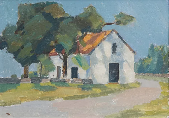 TAGE NILSSON. OLJA PÅ PANNÅ, HUS VID LANDSVÄG, MONOGRAMSIGNERAD.