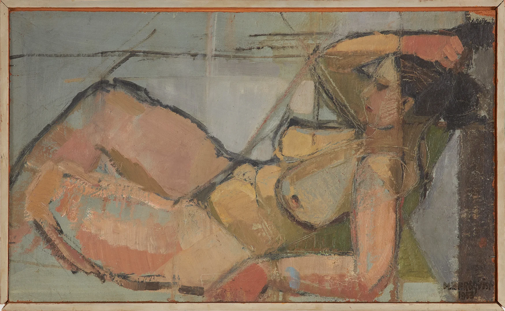 MARGIT BERGQVIST. Modellstudie, olja på pannå, signerad och daterad 1953. — Paintings — Stockholms Auktionsverk Sickla