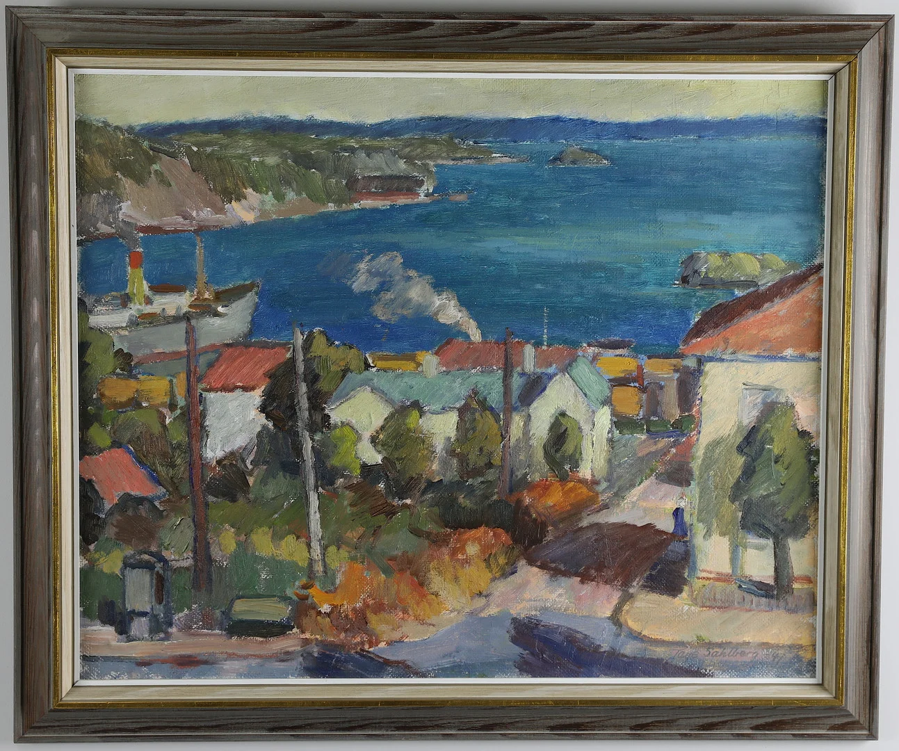 TAGE SAHLBERG. olja på pannå, "Höst, utsikt mot storfjärden, Hudiksvall", signerad och daterad 1947. — Paintings — Hälsinglands Auktionsverk