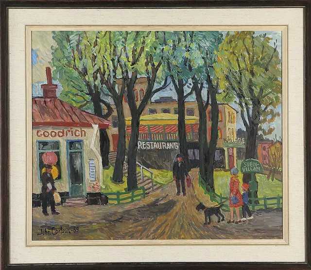 JOHN CARLSON. Restaurang Stenvillan - Sundbyberg, olja på pannå, signerad och daterad -69.